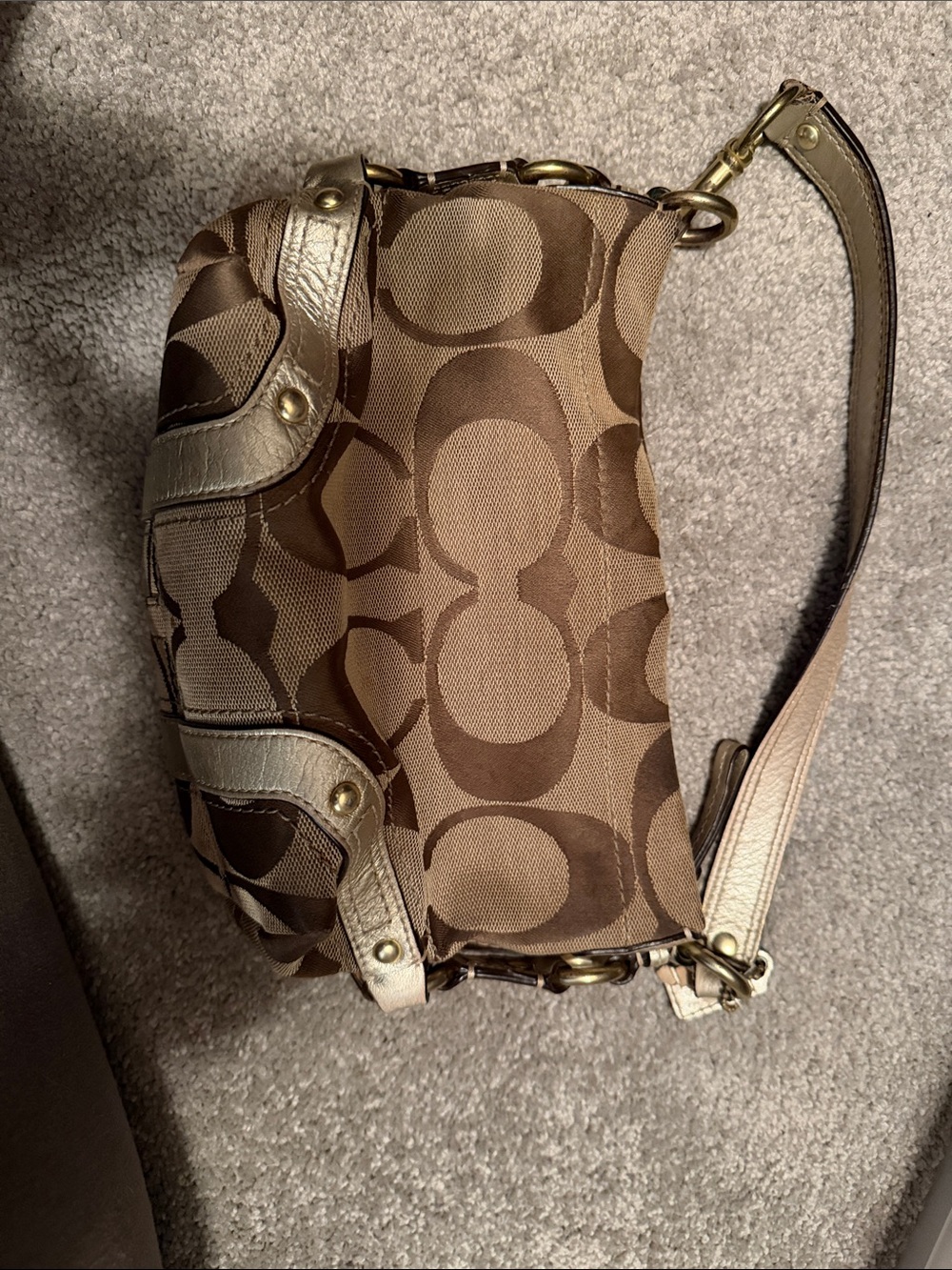 Coach Brown Signature Canvas Shoulder Bag with Metallic Trim